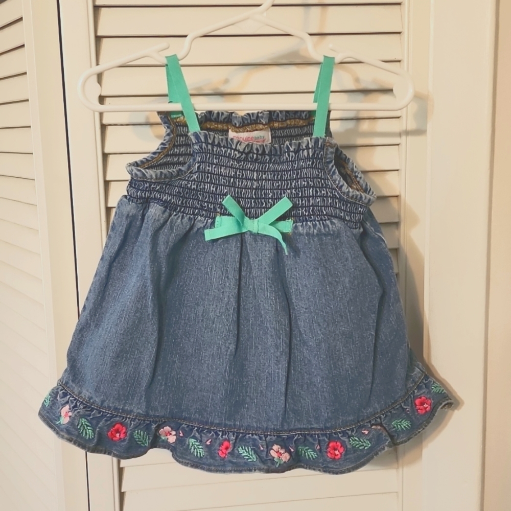 Denim Strappy Dress with Pink Embroidered Flowers, Size 6 Months
